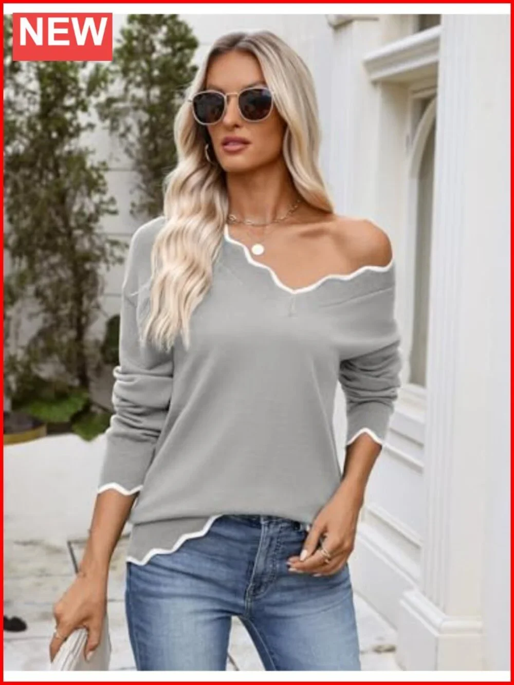 V Neck Long Sleeve Lightweight Knit Pullover Sweater Casual Loose Fit